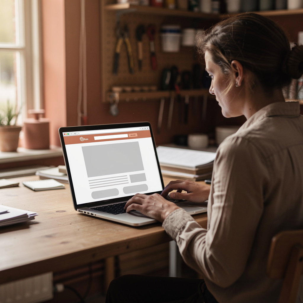 Ondernemer bekijkt zijn bedrijfswebsite op een laptop aan een houten bureau