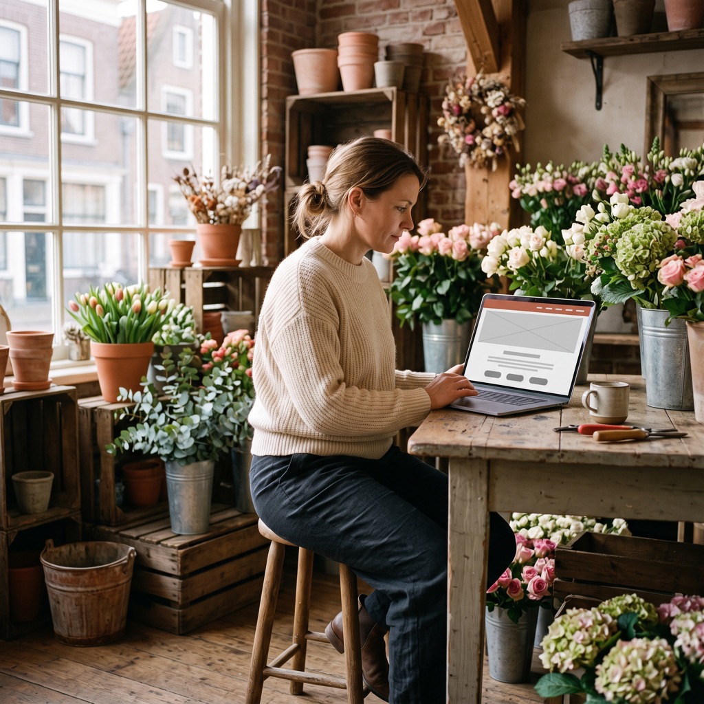 Ondernemer bekijkt de eigen website op een laptop in een rustige winkel in de ochtend
