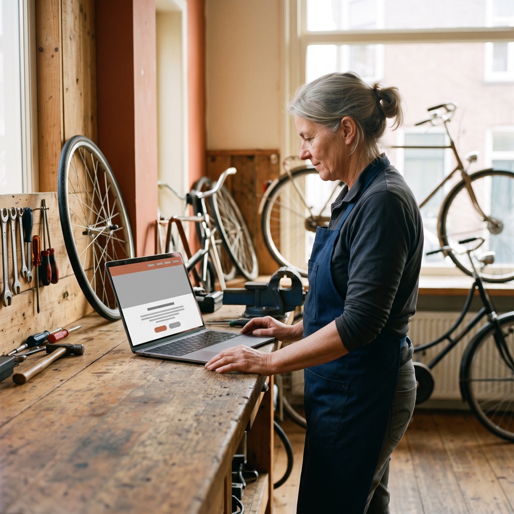 Fietsenmaker bekijkt haar eigen website op een laptop in haar werkplaats