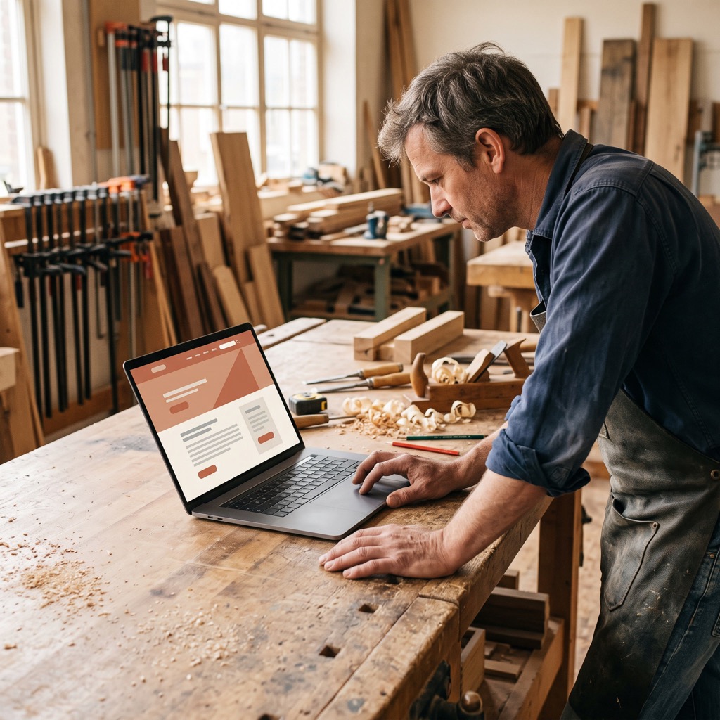 Ondernemer bekijkt zijn nieuwe website op een laptop in zijn werkplaats