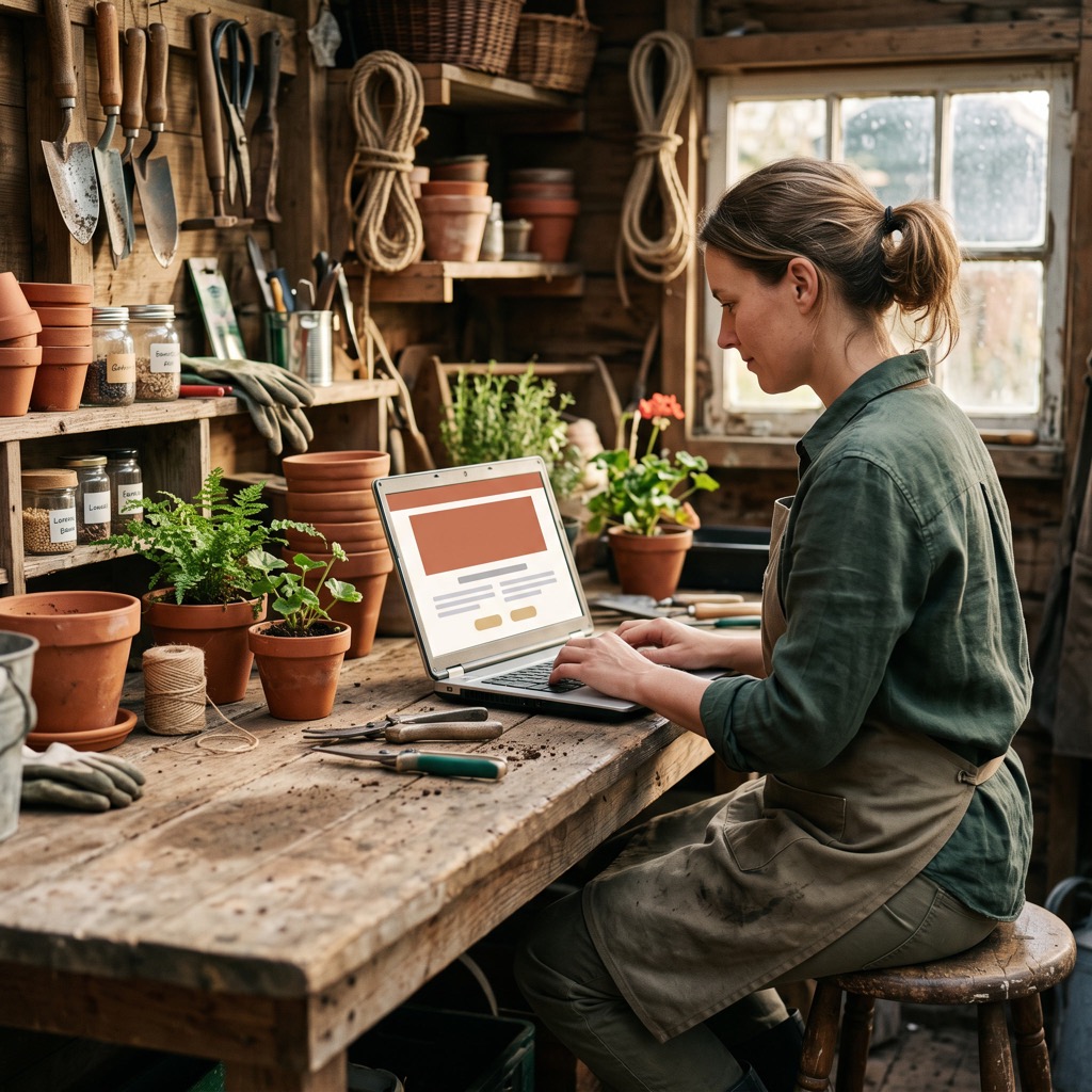 Ondernemer bekijkt zijn eigen website op een laptop aan een houten werkbank in een zonnige werkplaats