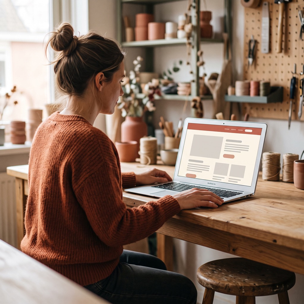 Ondernemer bekijkt de eigen website op een laptop aan een houten werktafel in een werkplaats
