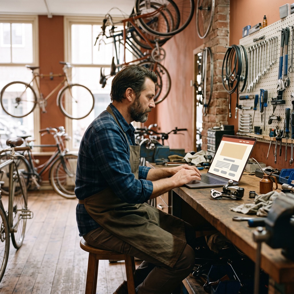 Fietsenmaker aan een houten werkbank bekijkt zijn eigen website op een laptop