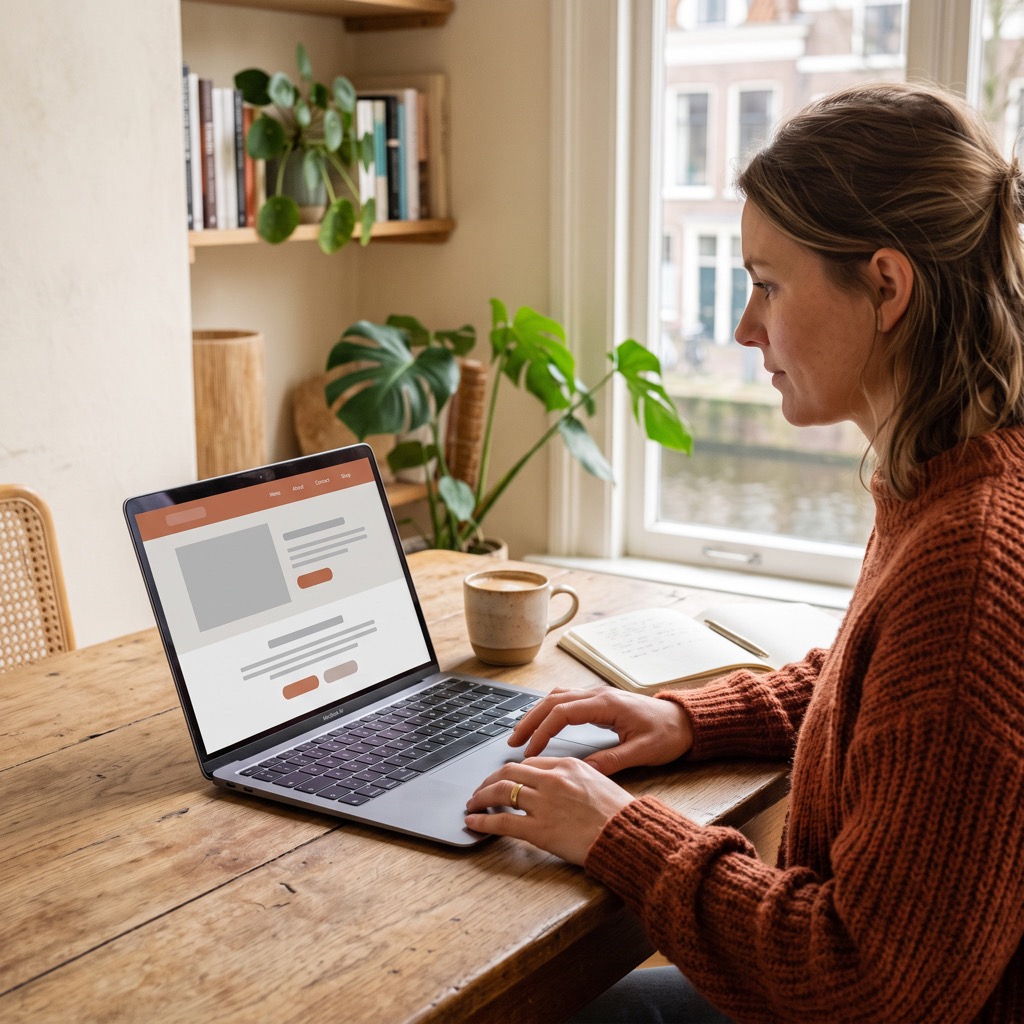 Ondernemer bekijkt de teksten van haar eigen website op een laptop aan een houten bureau