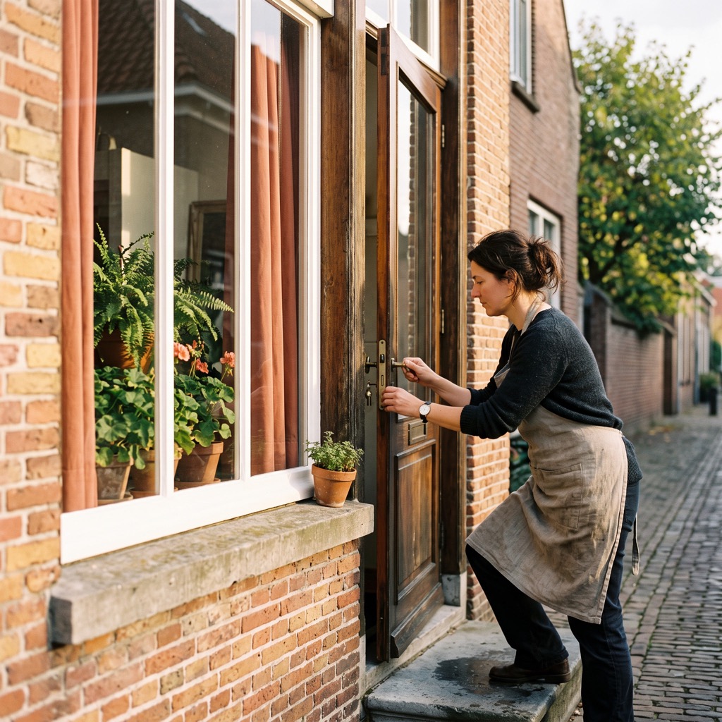 Ondernemer opent 's ochtends de deur van een kleine winkel in de straat