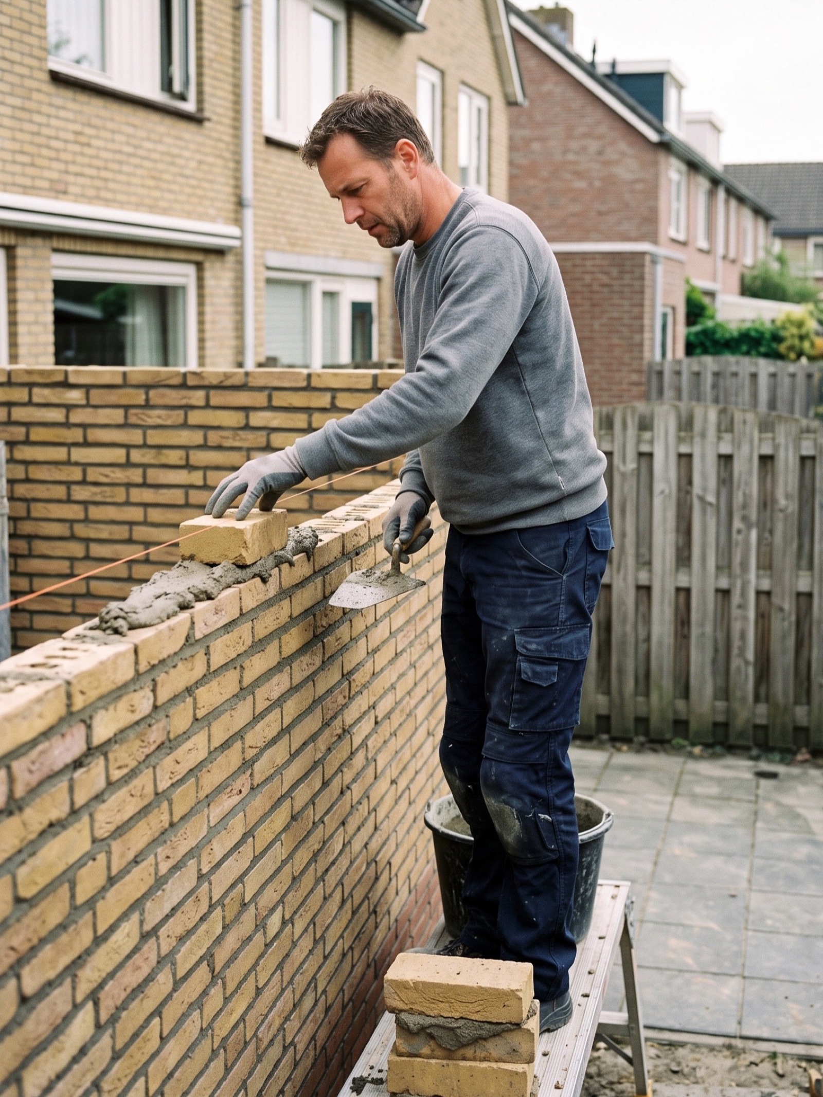 Metselaar legt een steen op de muur van een nieuwe uitbouw achter een rijtjeshuis