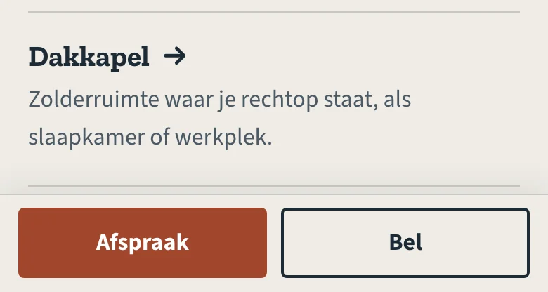 De onderste balk van de voorbeeldsite op een telefoon, met de knoppen Afspraak en Bel