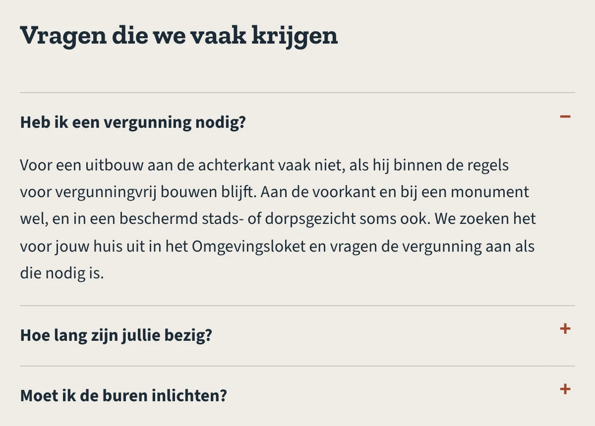 Veelgestelde vragen over een uitbouw op de voorbeeldsite, met de eerste vraag opengeklapt