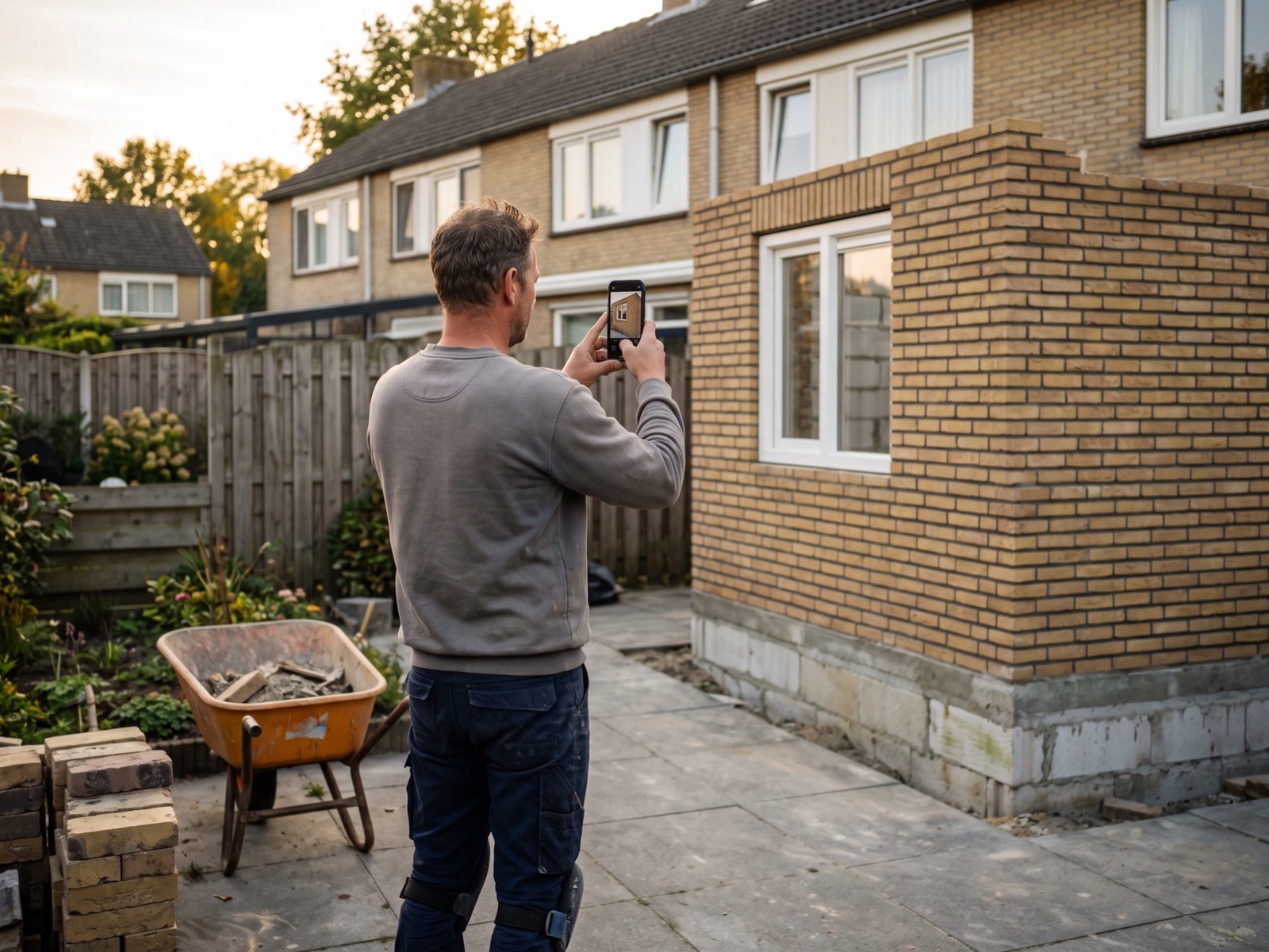 Een aannemer maakt met een telefoon een foto van de nieuwe gevel van een uitbouw
