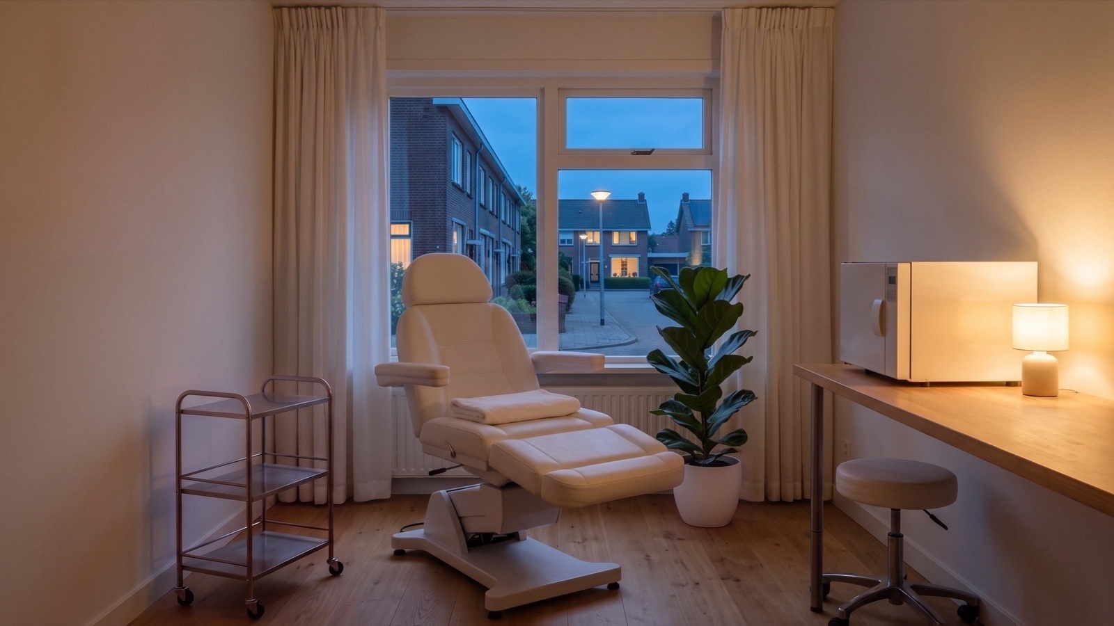 De lege behandelkamer van de praktijk in de avond, met warm lamplicht en de straat buiten