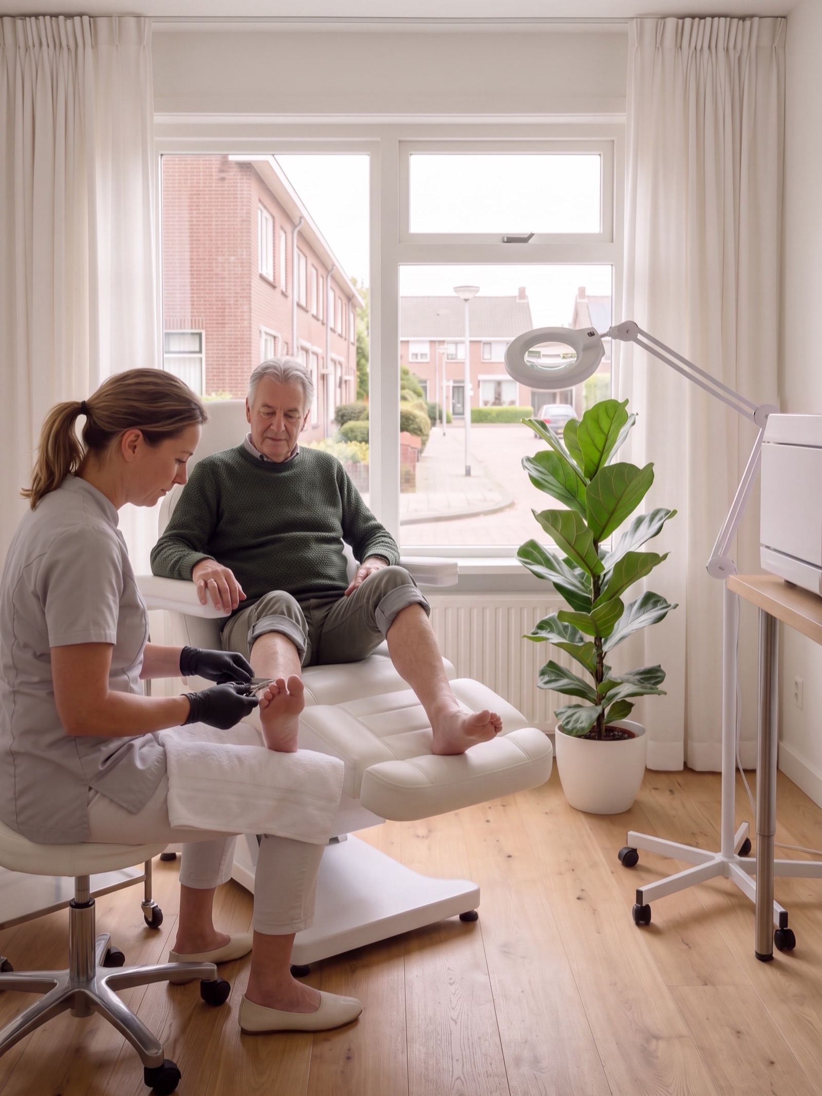 Pedicure met handschoenen knipt in de praktijk de teennagel van een klant die in de pedicurestoel zit
