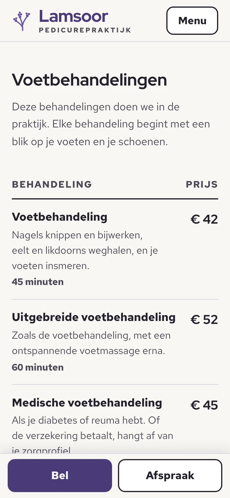 Pedicurepraktijk Lamsoor op een telefoon