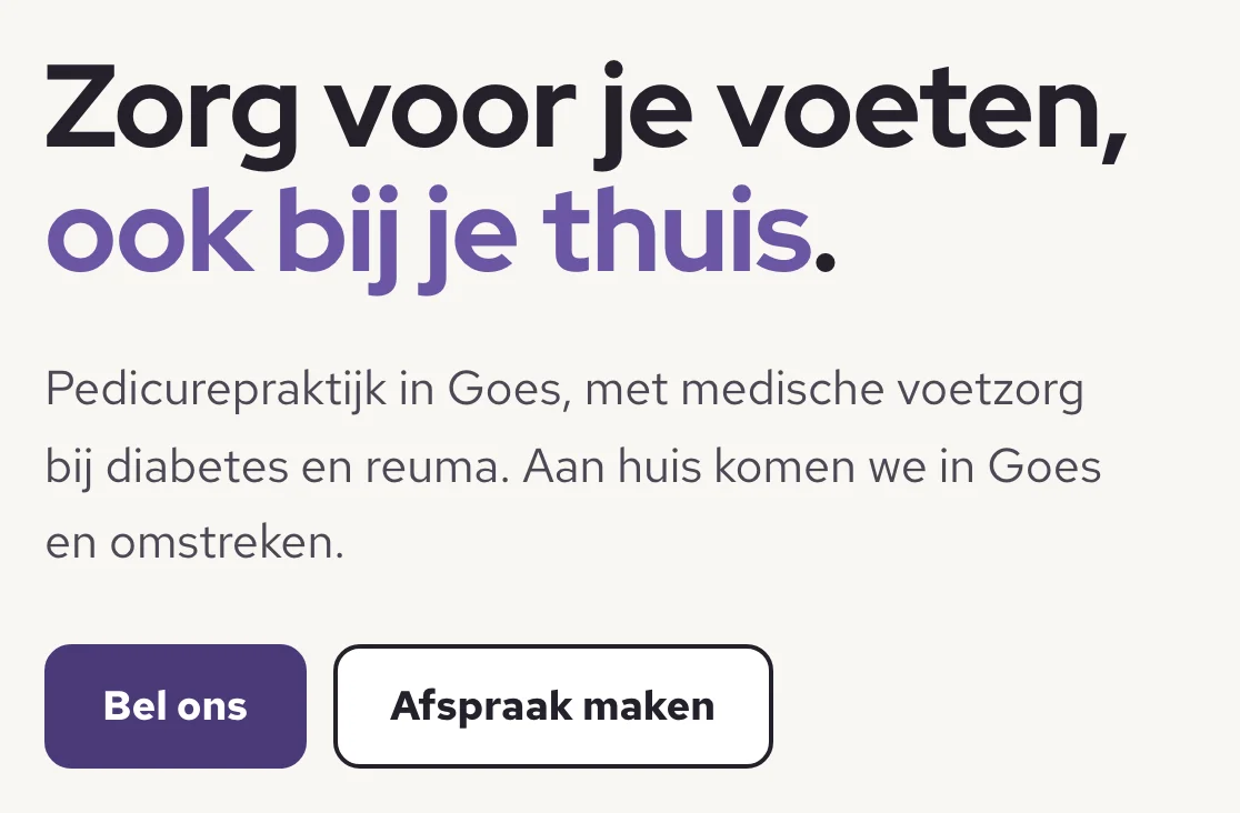 De kop van de voorbeeldsite met de knoppen Bel ons en Afspraak maken