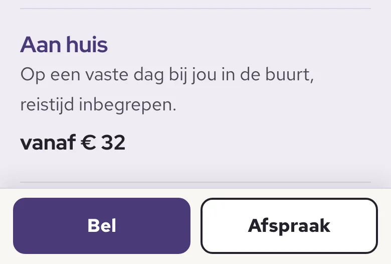 De onderste balk van de voorbeeldsite op een telefoon, met de knoppen Bel en Afspraak