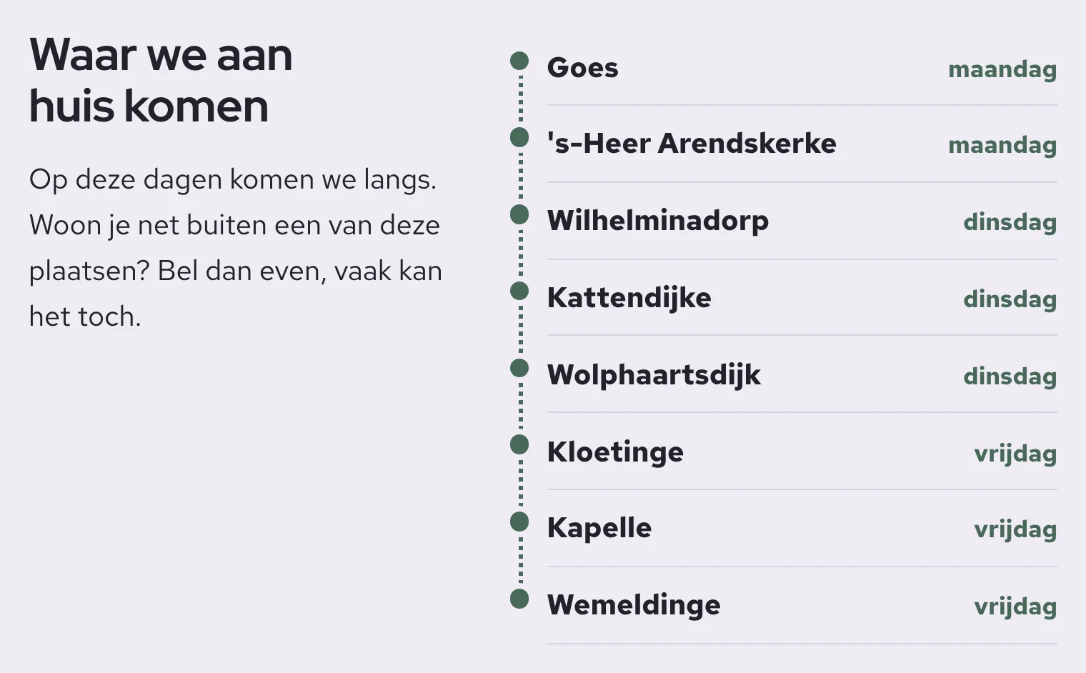 De plaatsen waar de praktijk aan huis komt op de voorbeeldsite, elk met de vaste dag