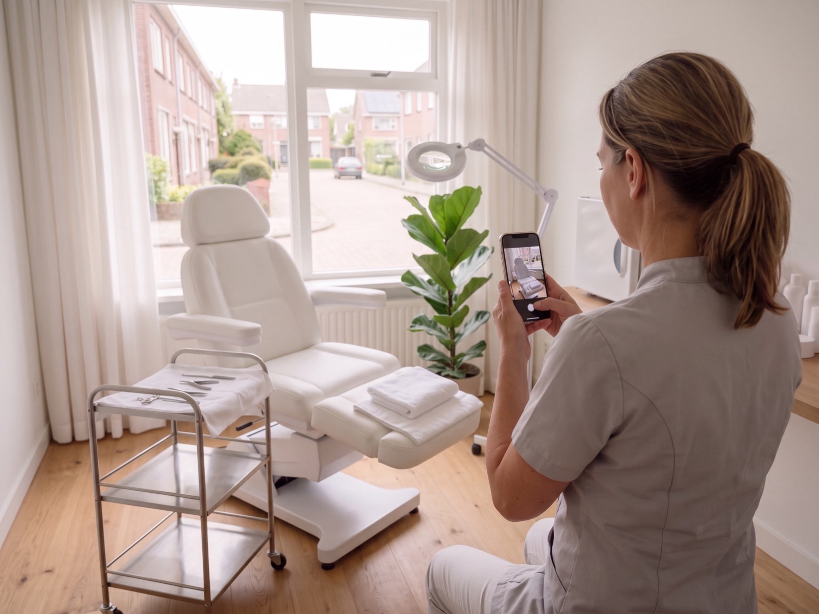 Pedicure maakt met haar telefoon een foto van de klaargezette behandelkamer met de pedicurestoel
