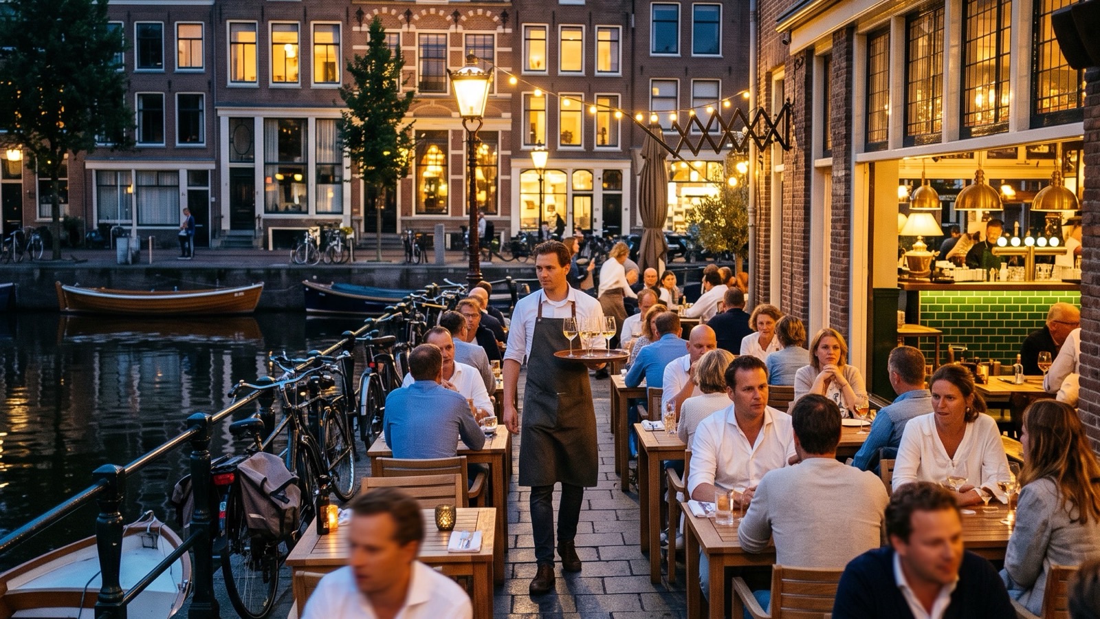 Terras van een Nederlands restaurant aan de kade in de vroege avond, met gasten aan tafel