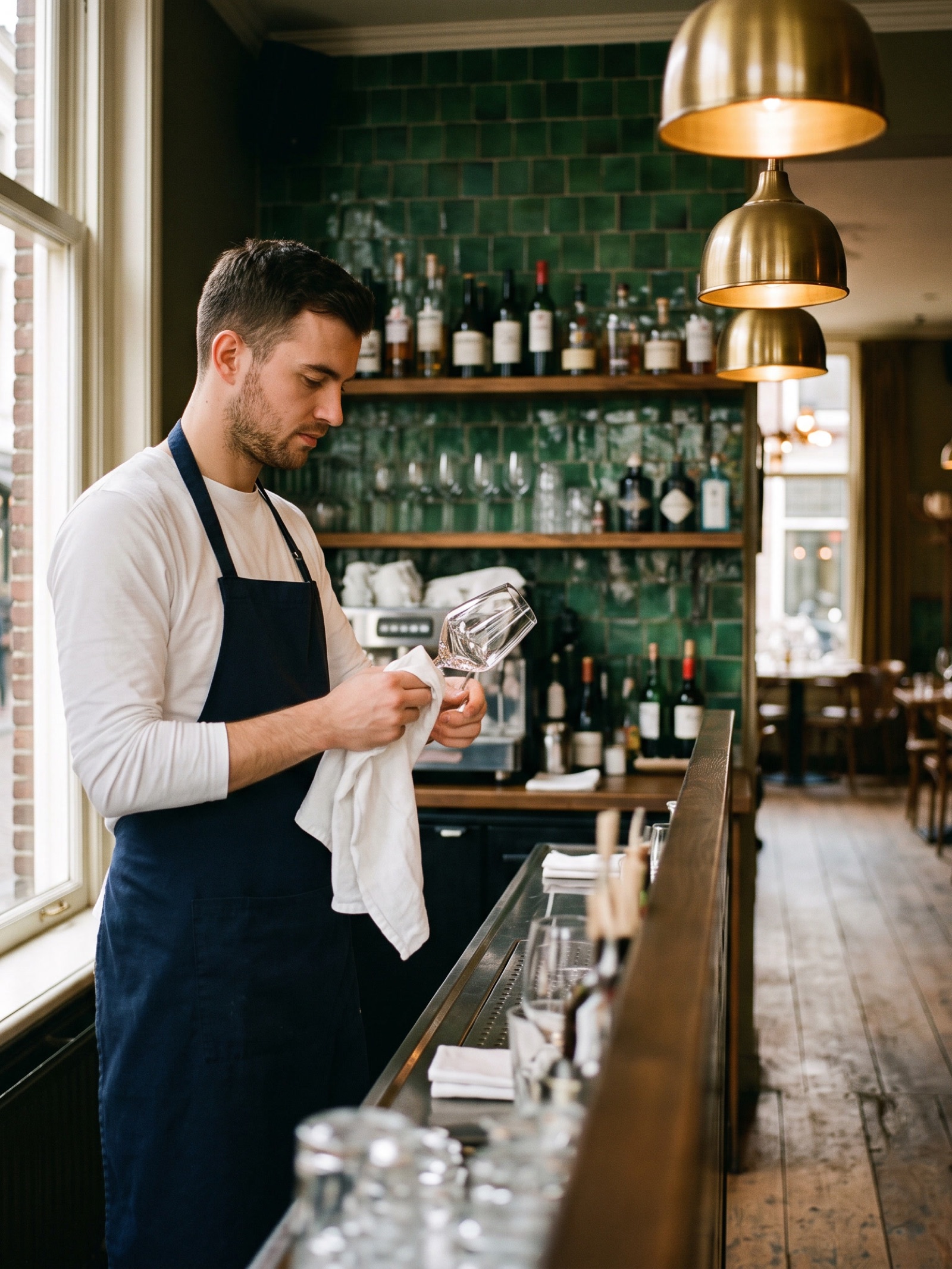Bediening poetst de glazen achter de bar van een Nederlandse brasserie, vlak voor de lunch