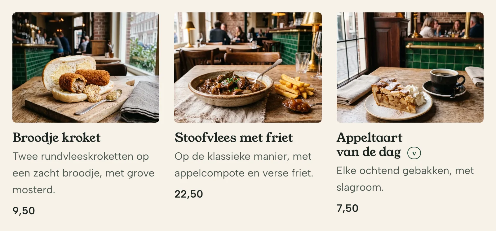 Gerechten met foto, naam en prijs op de voorbeeldsite