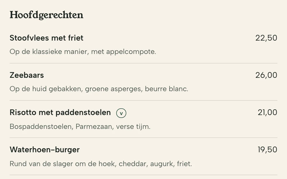 De hoofdgerechten van de voorbeeldsite als tekst, met prijzen en een v bij vegetarisch