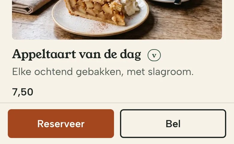 De onderste balk van de voorbeeldsite op een telefoon, met de knoppen Reserveer en Bel