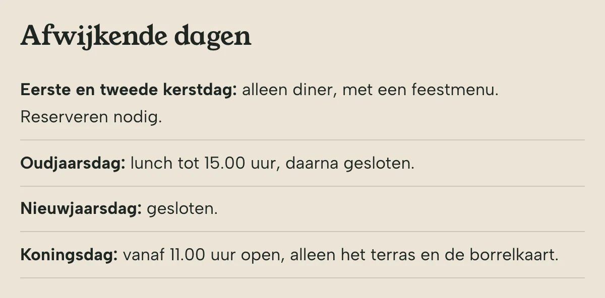 De afwijkende dagen rond de feestdagen op de voorbeeldsite