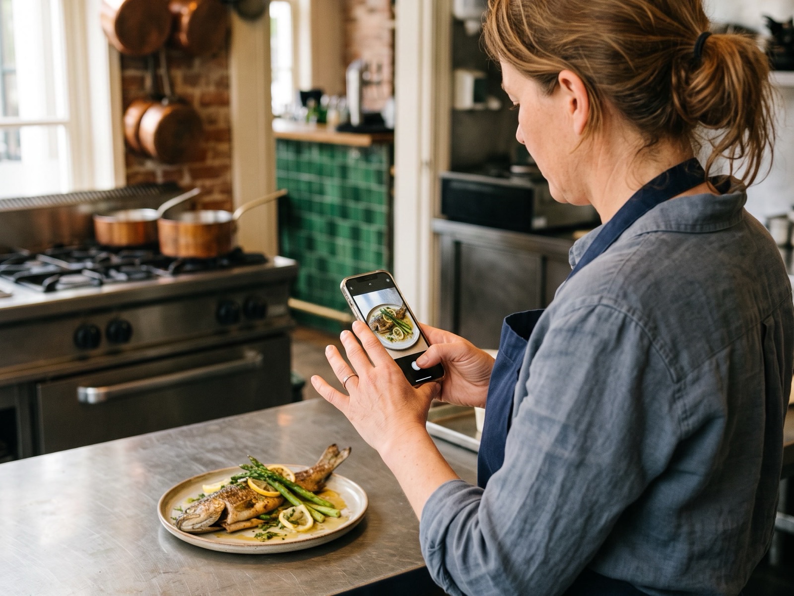 Iemand maakt in de keuken met een telefoon een foto van een nieuw gerecht op de doorgeefplank