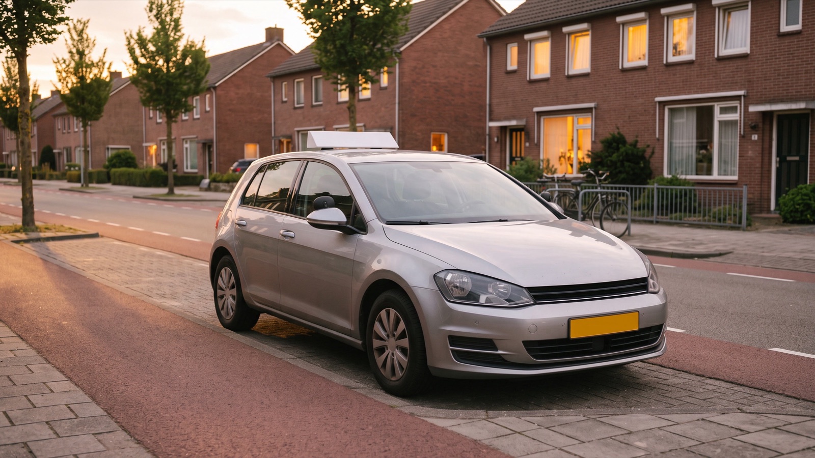 De lesauto staat aan het eind van de dag in een rustige straat, met warm avondlicht