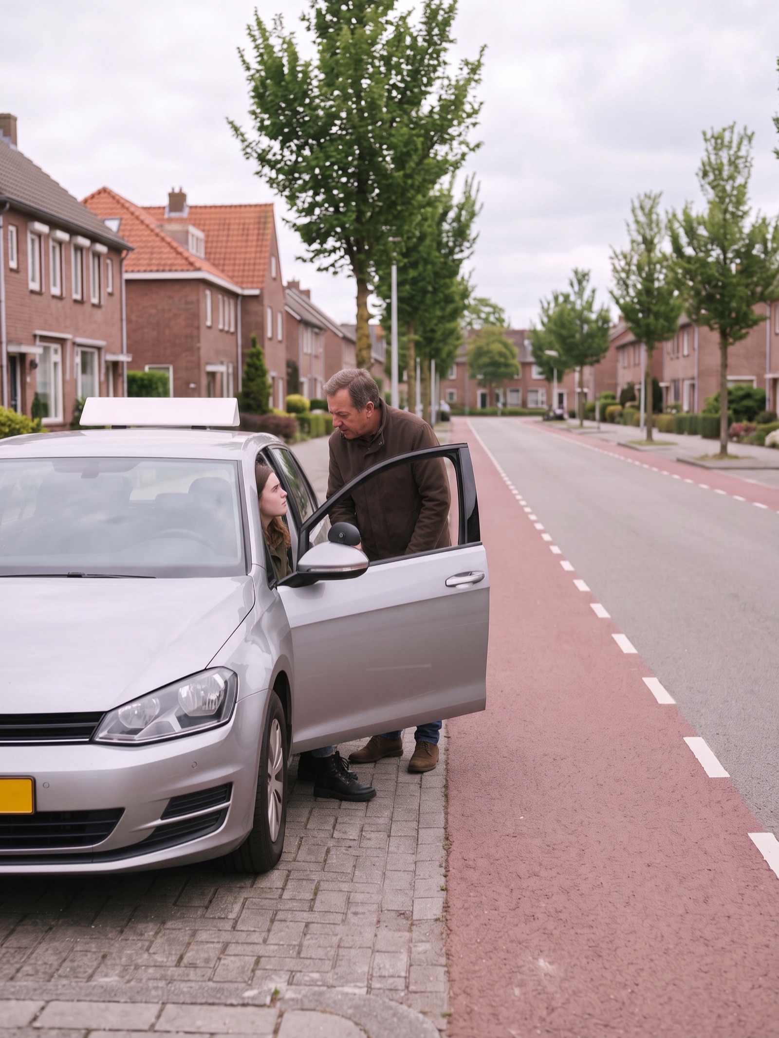 Rijinstructeur wijst bij de geopende deur van de lesauto iets aan op de weg, de leerling luistert
