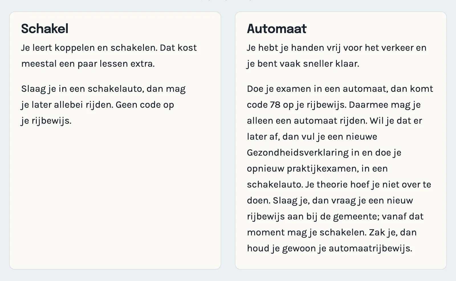Uitleg op de voorbeeldsite over lesrijden in een automaat of in een schakelauto, met code 78