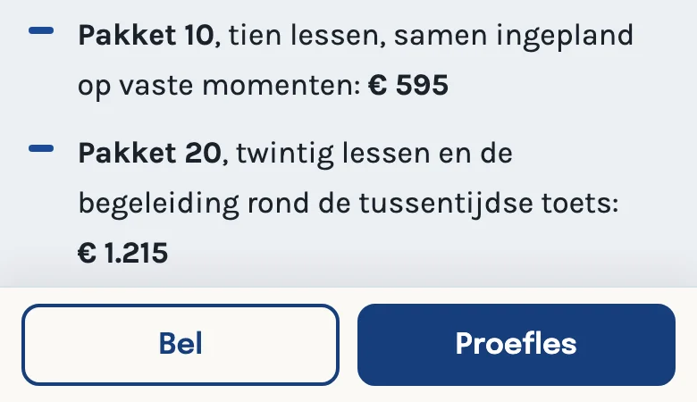 De onderkant van de voorbeeldsite op een telefoon, met een vaste balk met Bel en Proefles