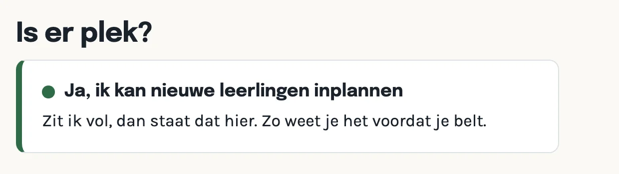 De regel op de voorbeeldsite die zegt dat er plek is voor nieuwe leerlingen