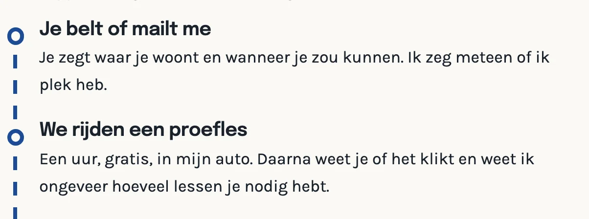 Een stap op de voorbeeldsite, aan de streeplijn die de stappen verbindt