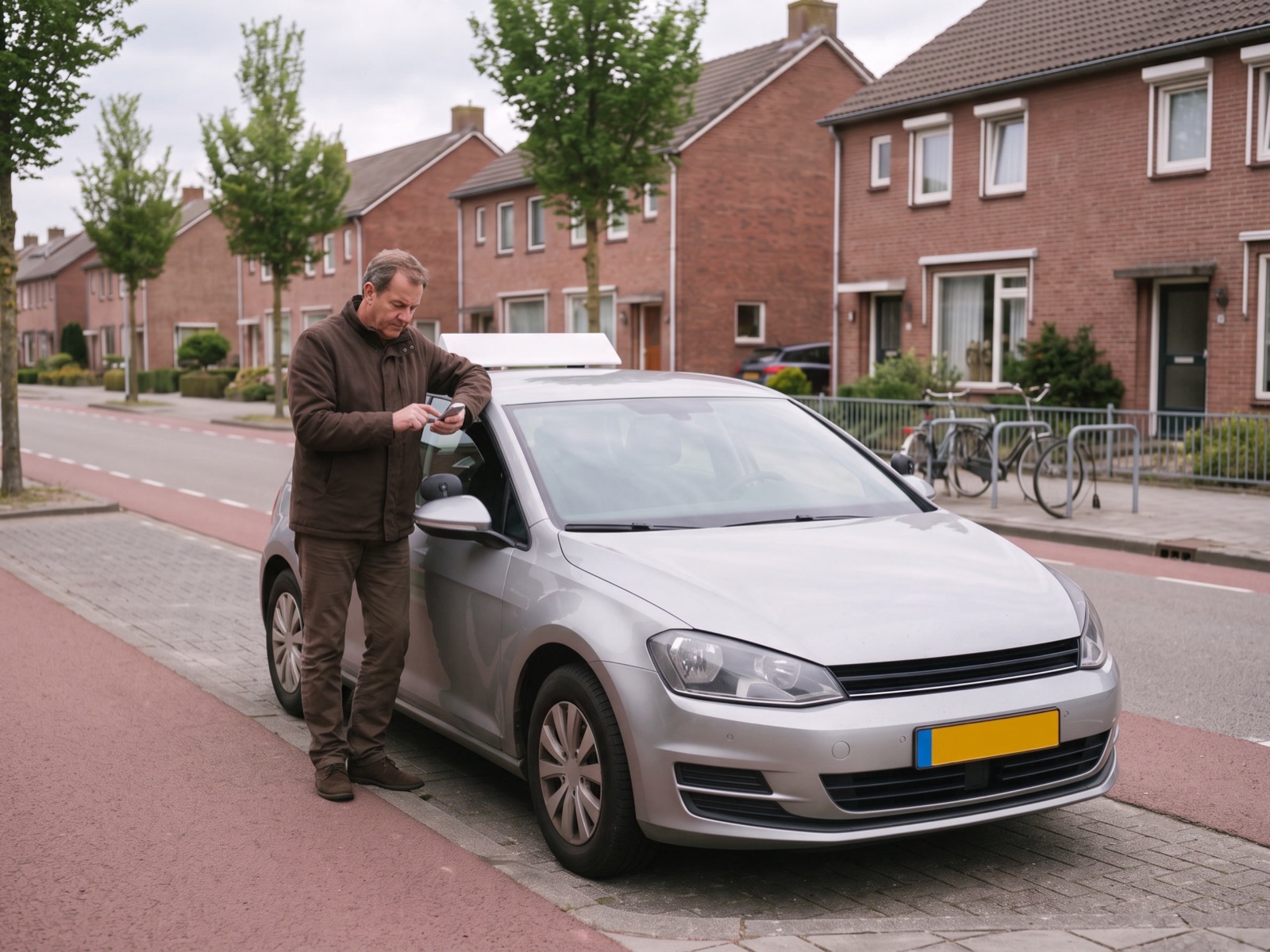 Rijinstructeur leunt op zijn lesauto en typt een bericht op zijn telefoon