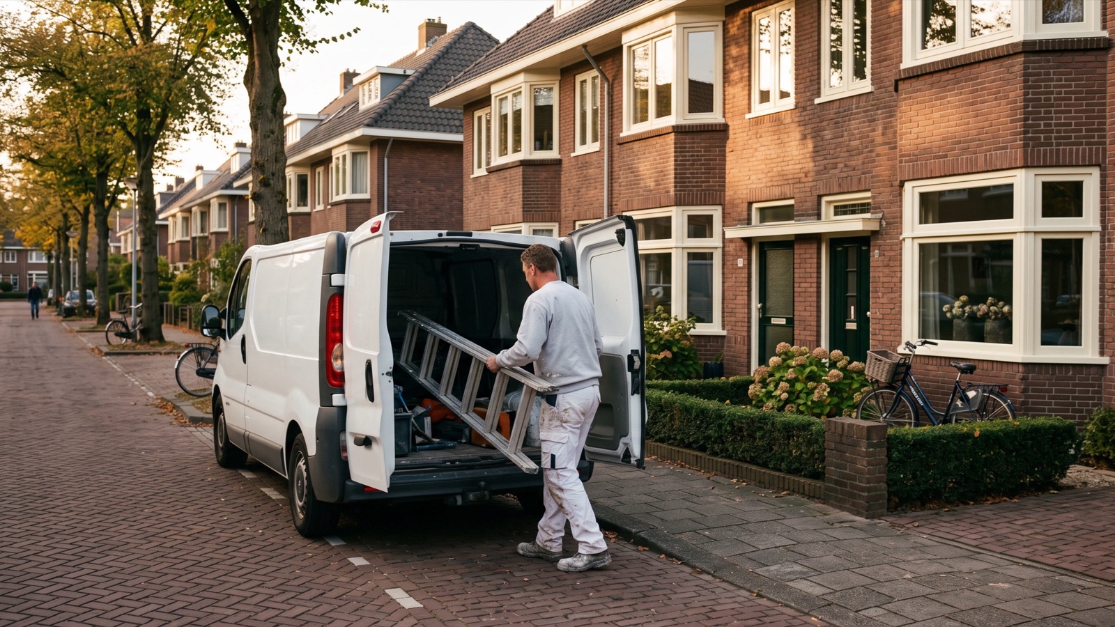 Straat met jarendertighuizen in de late middag, een schilder laadt een ladder in een witte bus