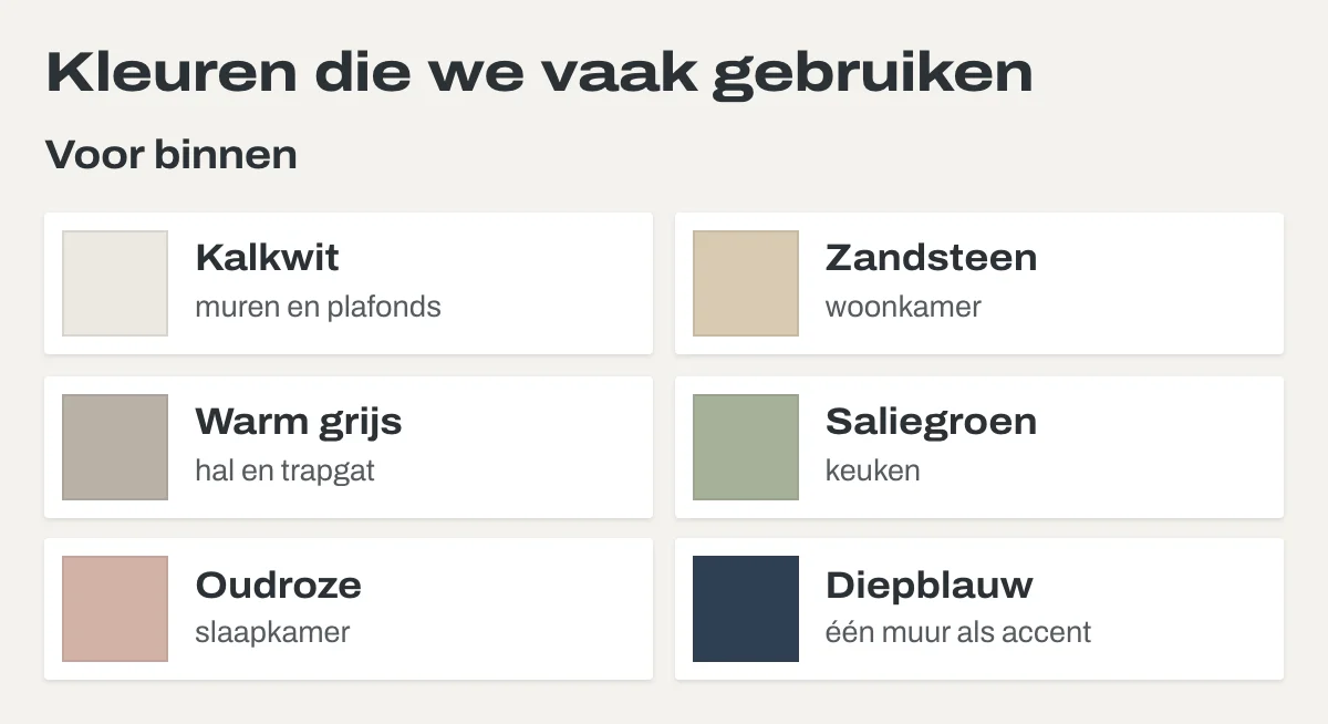 Kleurstalen met hun namen op de pagina Kleuradvies van de voorbeeldsite