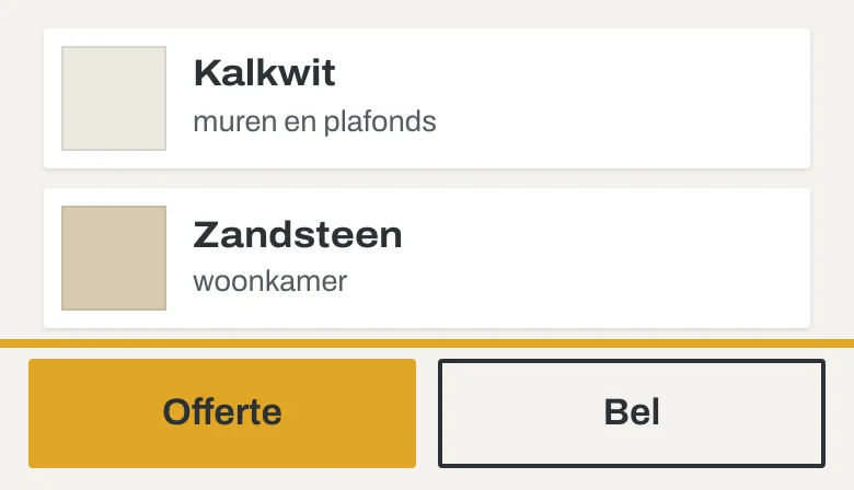 De onderste balk van de voorbeeldsite op een telefoon, met de knoppen Offerte en Bel