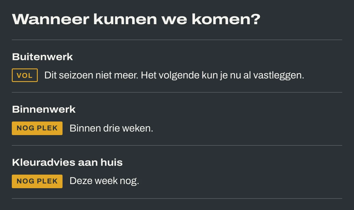 De planning op de voorbeeldsite: wanneer er plek is voor buitenwerk, binnenwerk en kleuradvies
