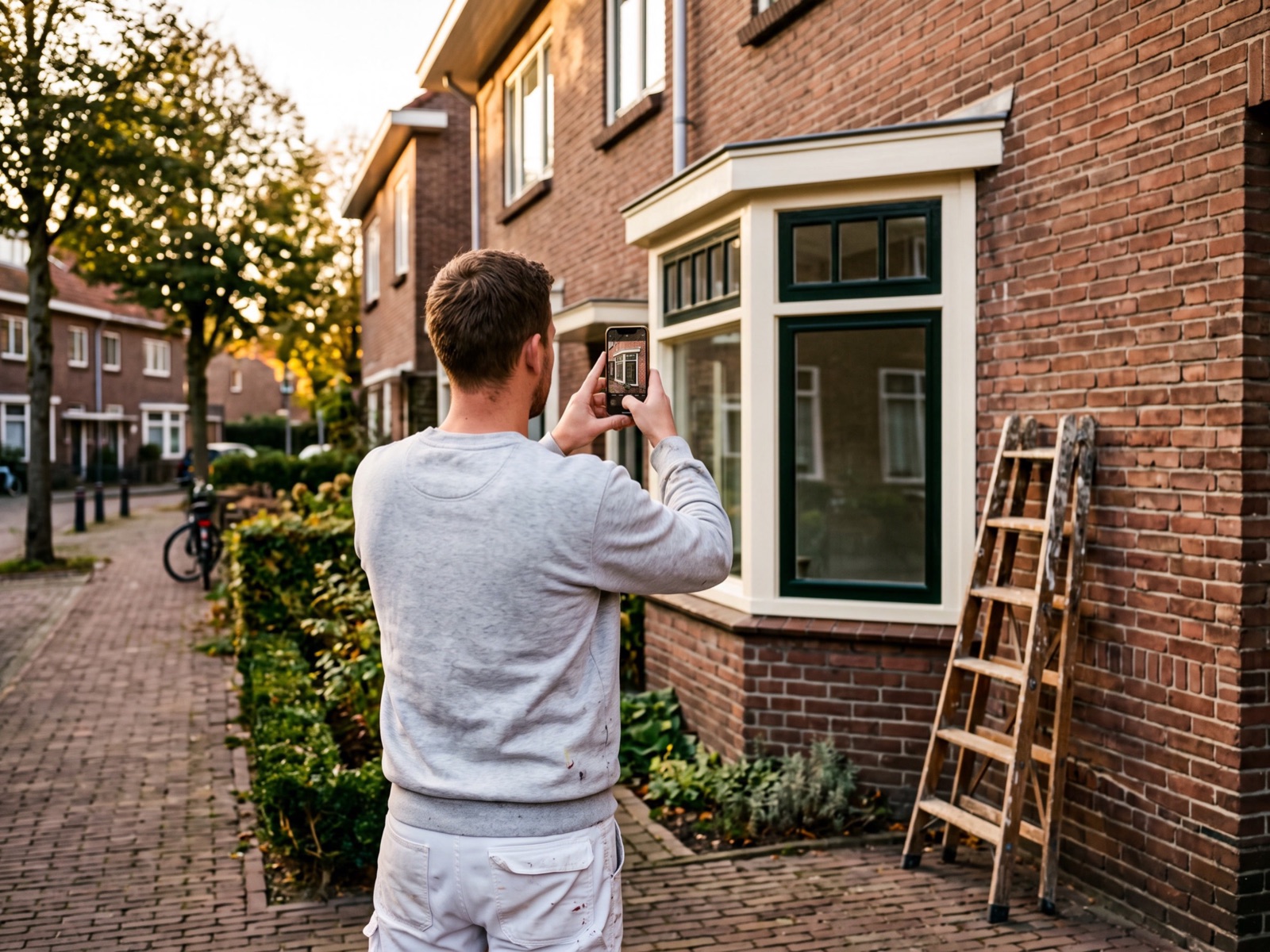Een schilder maakt met een telefoon een foto van net geschilderde kozijnen