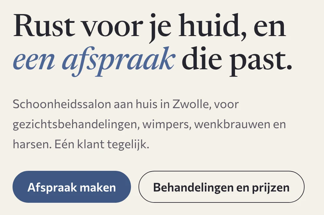 De kop van de voorbeeldsite met de knoppen Afspraak maken en Behandelingen en prijzen