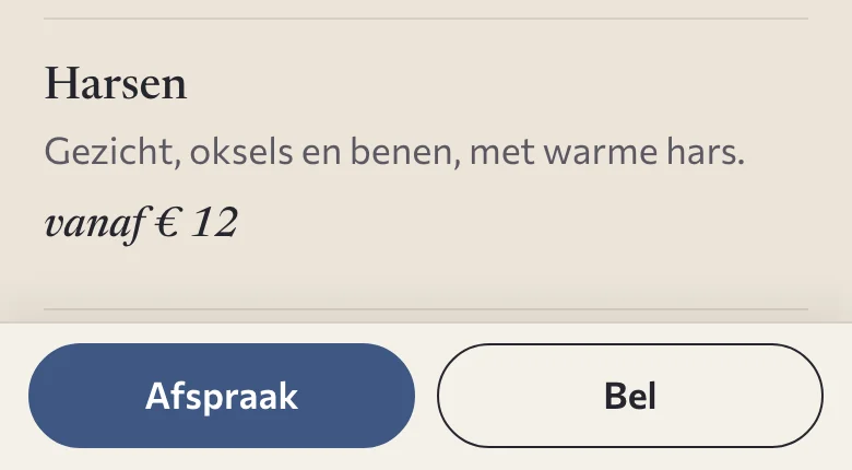 De onderste balk van de voorbeeldsite op een telefoon, met de knoppen Afspraak en Bel