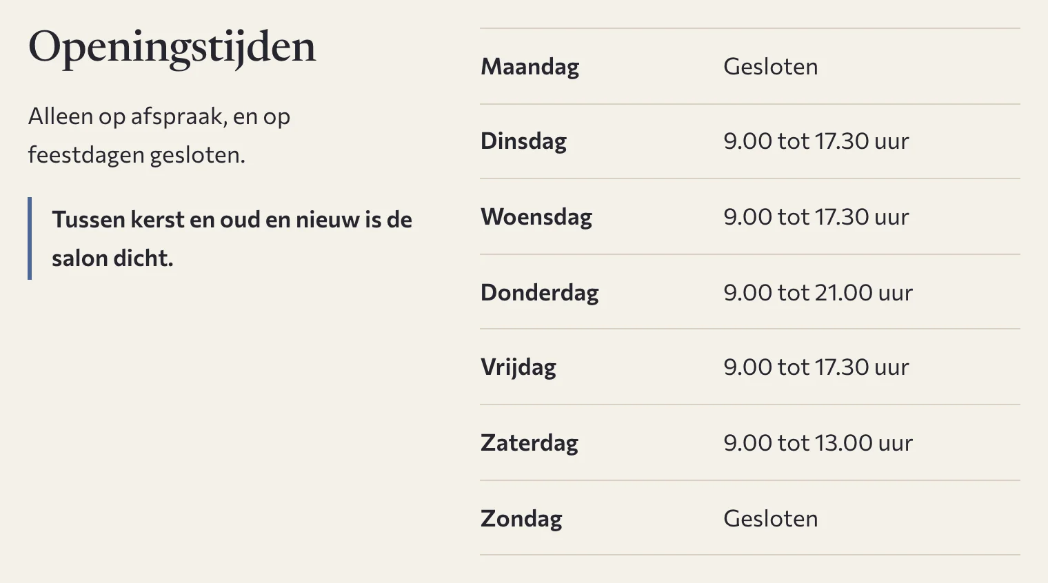 De openingstijden van de salon op de voorbeeldsite, per dag van de week, met een extra sluiting rond kerst