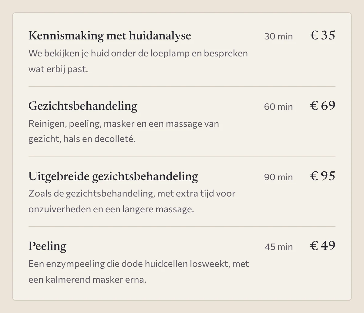 De prijslijst voor gezichtsbehandelingen op de voorbeeldsite, met duur en prijs per behandeling