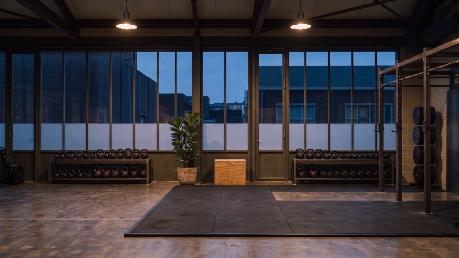 De lege trainingszaal aan het eind van de dag, met warm lamplicht en de kettlebells op een rij