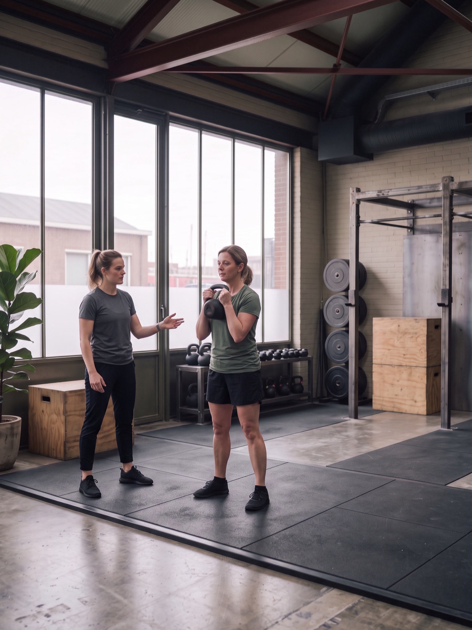 Coach op een knie naast een vrouw die een kettlebell voor haar borst houdt, in de trainingszaal