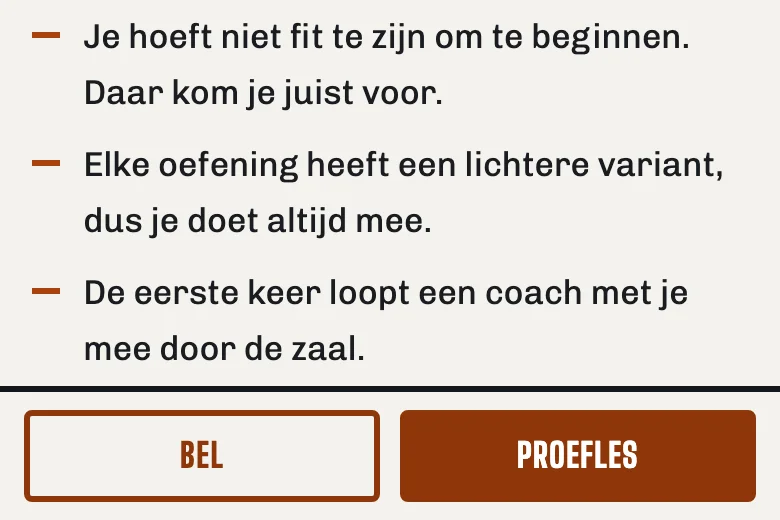 De onderkant van de voorbeeldsite op een telefoon, met een vaste balk met Bel en Proefles