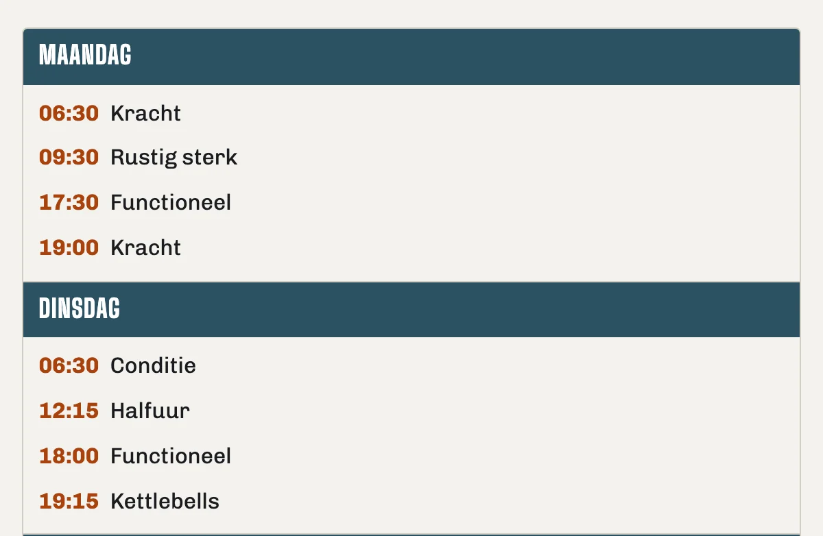 Het weekrooster op de voorbeeldsite, met per dag de lessen en de tijden