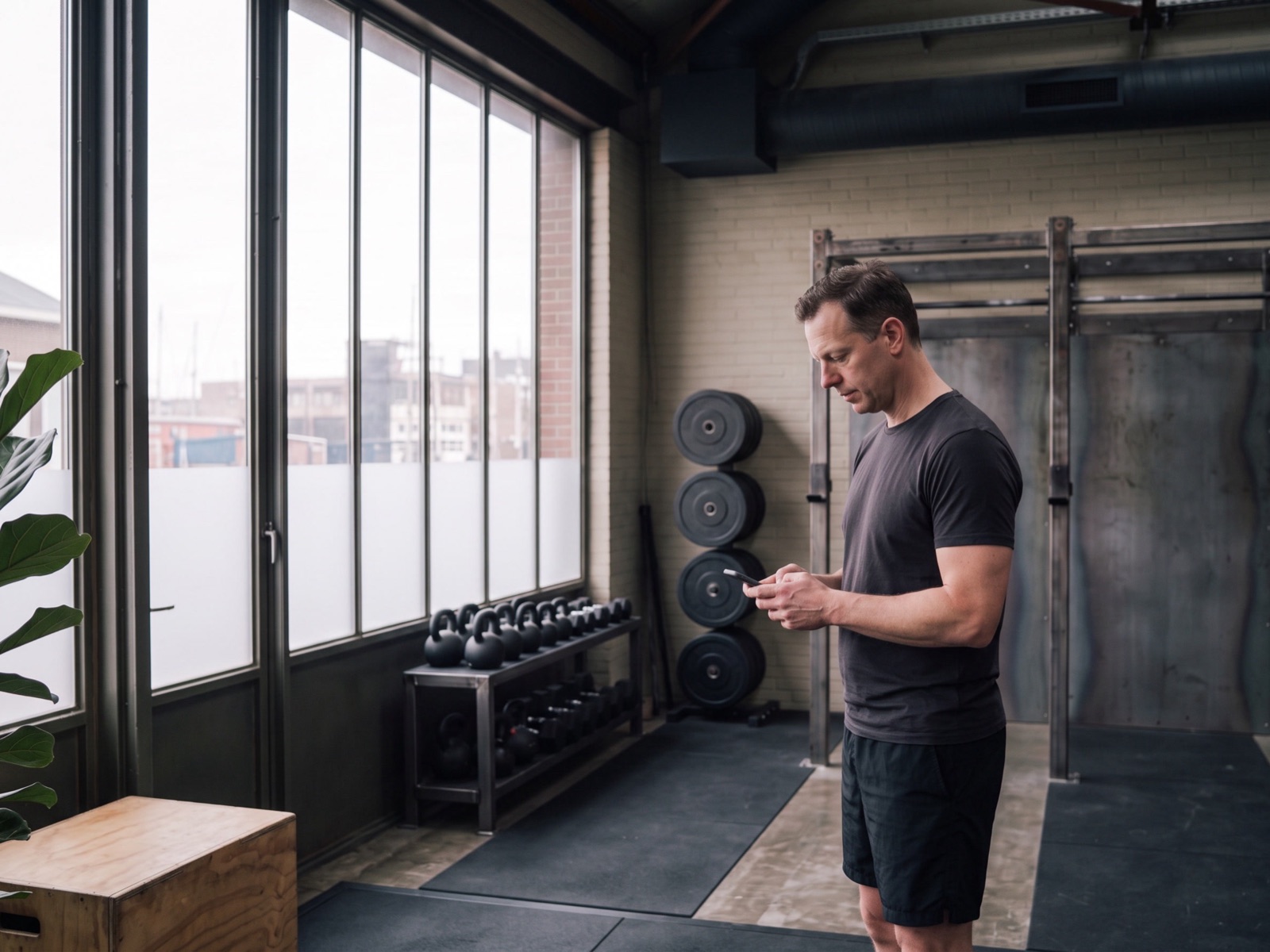 Eigenaar van de sportschool typt een bericht op zijn telefoon, naast het rek met kettlebells