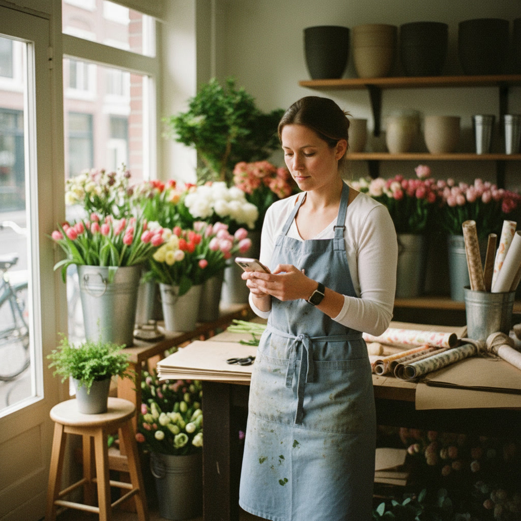 Bloemist in haar eigen winkel kijkt even op haar telefoon
