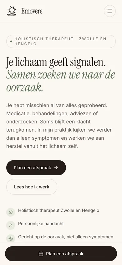 De homepage van Emovere op een telefoon
